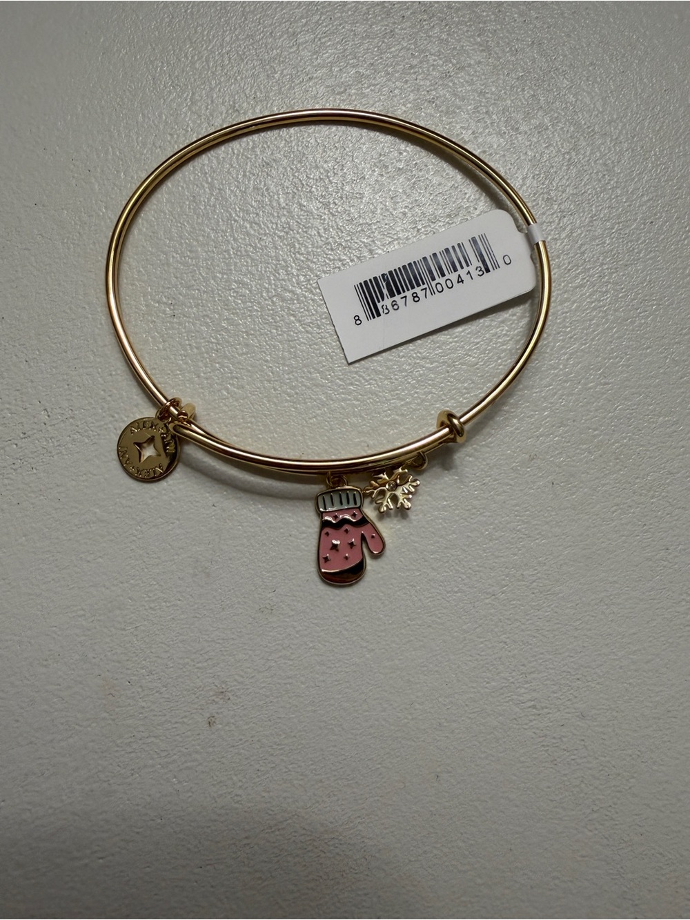 Alex and Ani Gold-Tone Bangle with Pink Mitten & Snowflake Charms